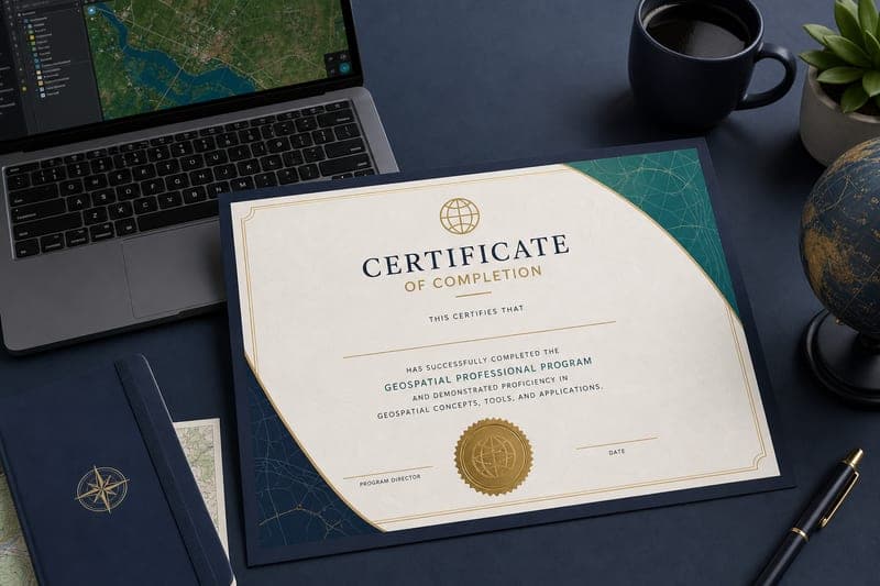 Professional GeoRAD Academy certificate of completion beside a GIS workspace